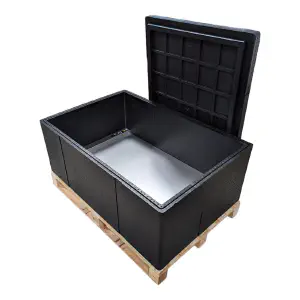 Palettenheizbox mit offenem Deckel und Edelstahl-Bodenplatte